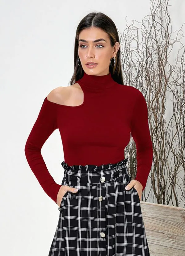 bonprix - Blusa Gola Rolê com Recorte Bordô
