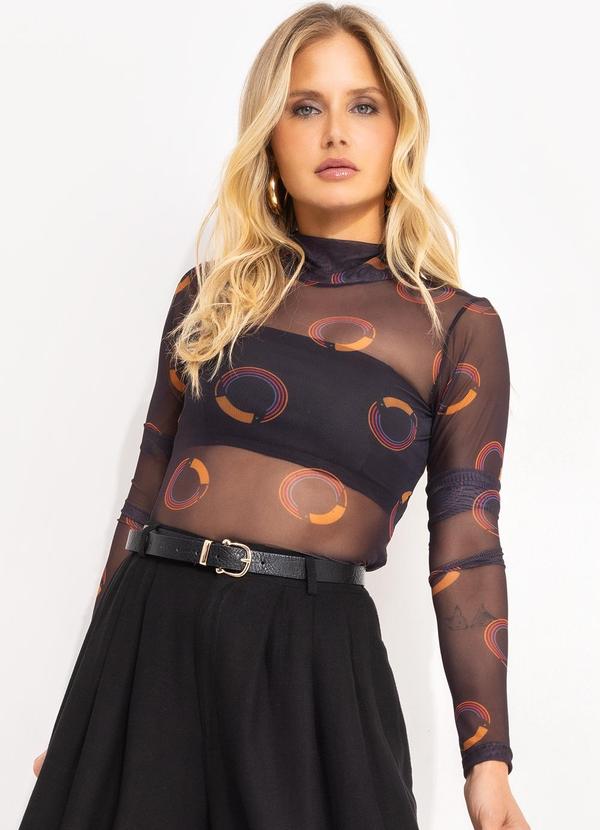 Farm - Blusa Gola Tule Tuca Poá Preto