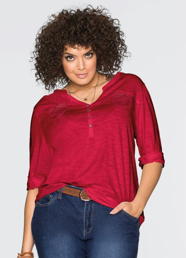 bonprix - Blusa Henley de Algodão Vermelho 5