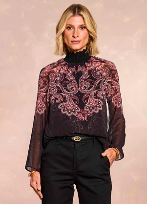 Doce Trama - Blusa Jardim Boho em Plano Chiffon Preto - DOCE TRAMA