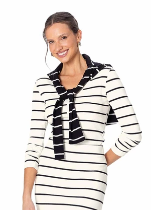 Malwee - Blusa Justa em Ribana Listrada Off White - MALWEE