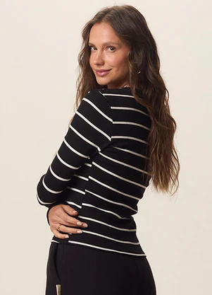 Malwee - Blusa Justa em Ribana Listrada Preto - MALWEE