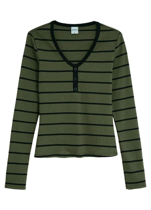 Malwee - Blusa Justa em Ribana Listrada Verde Militar - MALWEE