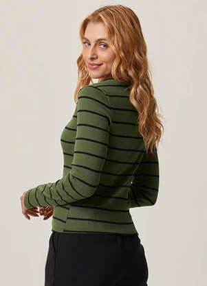 Malwee - Blusa Justa em Ribana Listrada Verde Militar - MALWEE