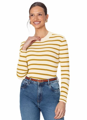 Malwee - Blusa Justa em Tricô Listrado Amarelo - MALWEE