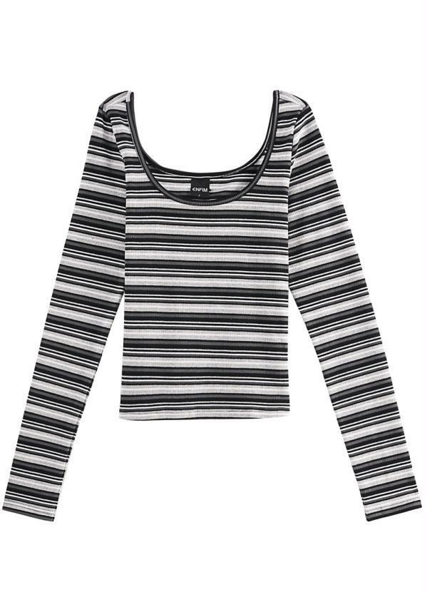 Enfim - Blusa Justa Listrada Manga Longa Cinza