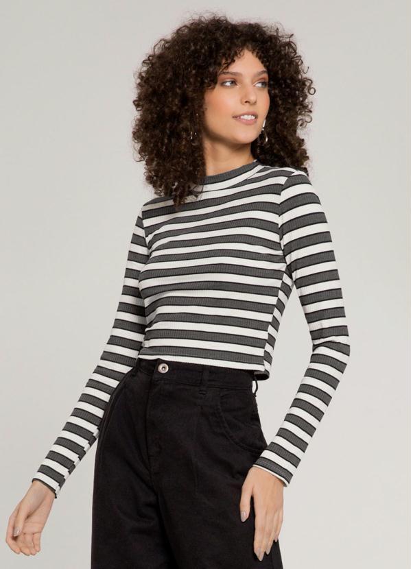 Lunender - Blusa Listrada Canelada Cropped Branco