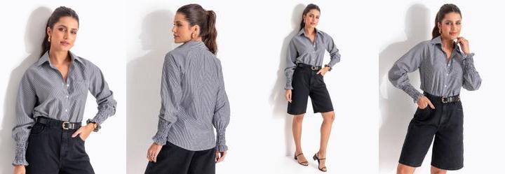 Blusa Listrada Preta em Poli�ster com Algod�o