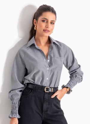 Blusa Listrada Preta em Poli�ster com Algod�o