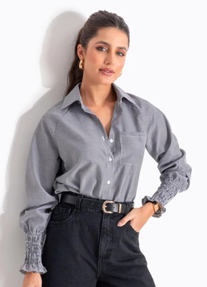 Quintess - Blusa Listrada Preta em Poliéster com Algodão - QUINTESS