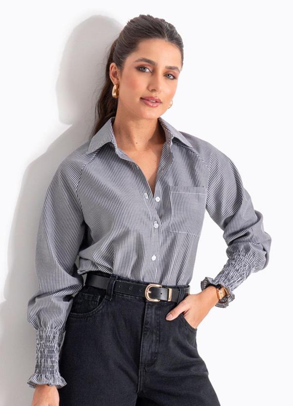 Blusa Listrada Preta em Poli�ster com Algod�o