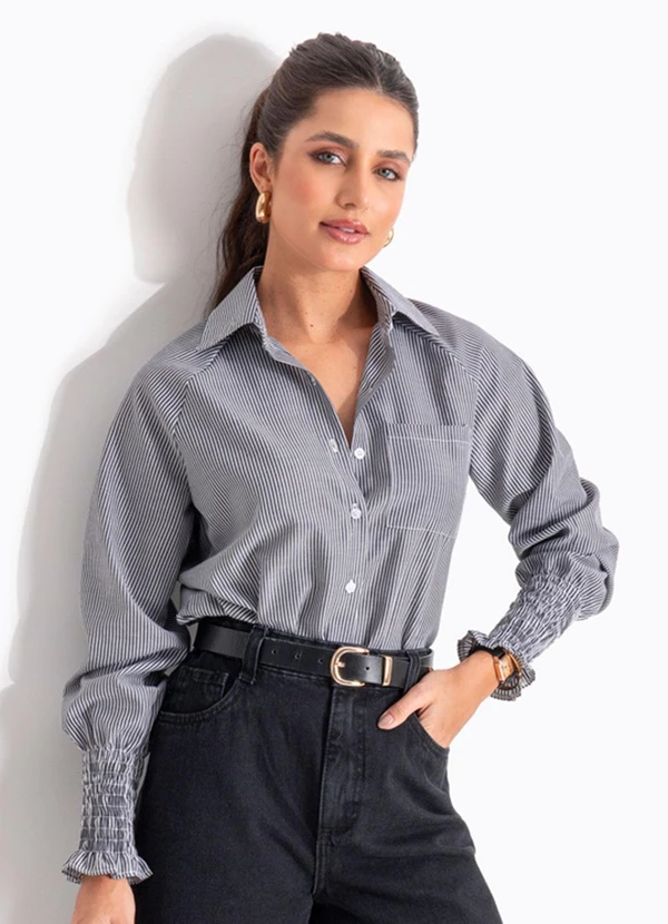 Quintess - Blusa Listrada Preta em Poliéster com Algodão