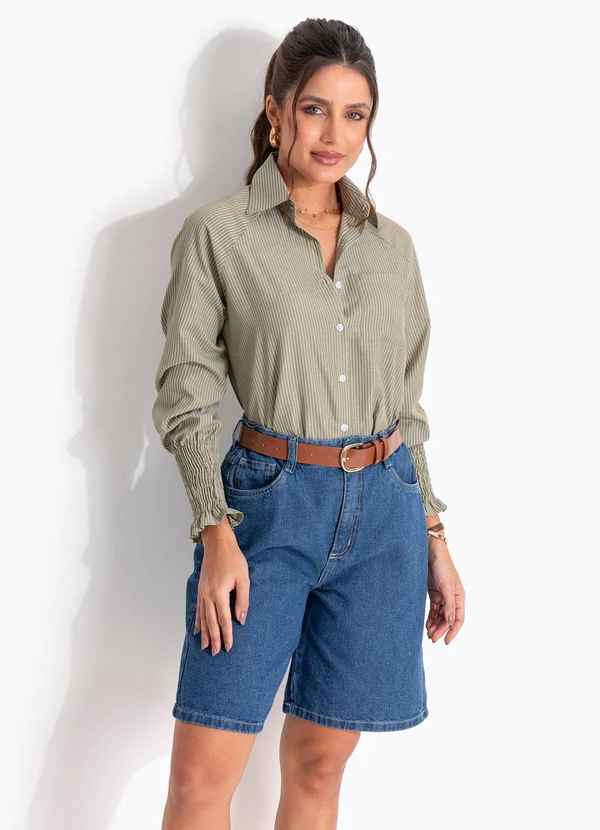 Quintess - Blusa Listrada Verde em Poliéster com Algodão
