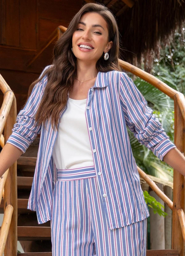Quintess - Blusa Listrado Colorido em Viscose Plana