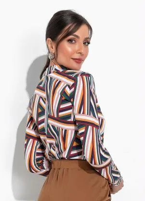 Moda Pop - Blusa Listras Mostarda com Gola no Decote - MODA POP
