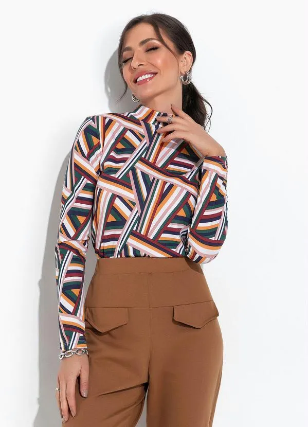 Moda Pop - Blusa Listras Mostarda com Gola no Decote