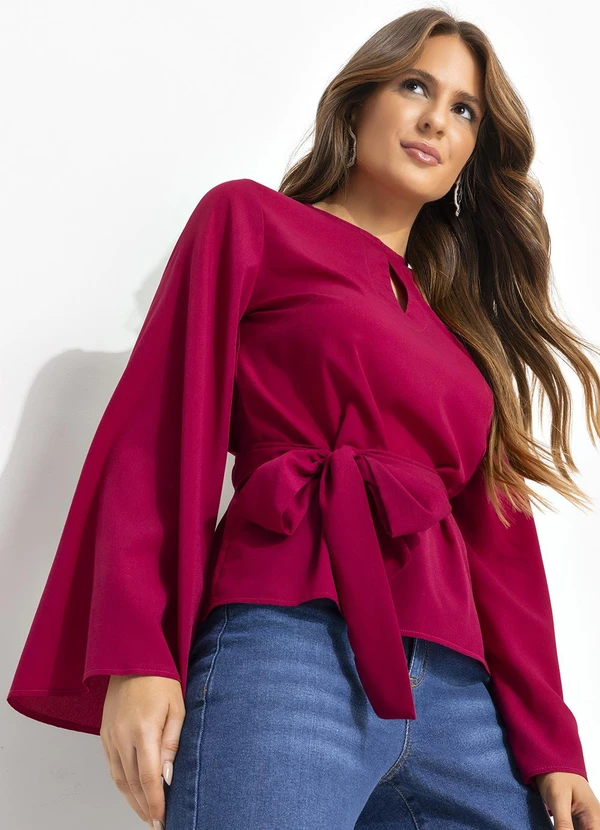 Quintess - Blusa Magenta em Crepe com Manga Flare e Faixa para Amarração 8