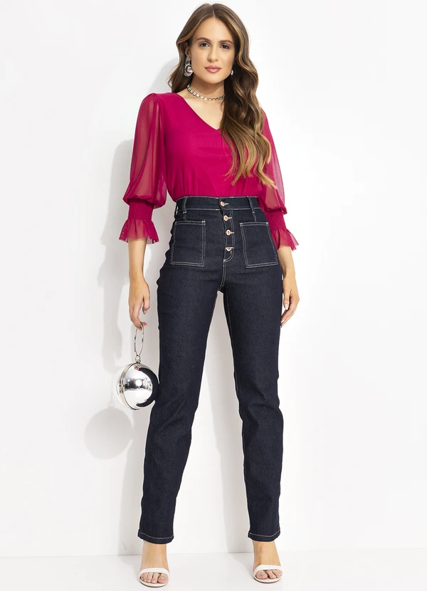 Quintess - Blusa de Tule Magenta com Manga Bufante e Decote V 3