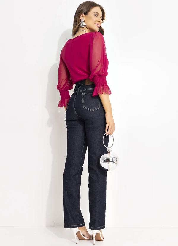 Quintess - Blusa de Tule Magenta com Manga Bufante e Decote V 4