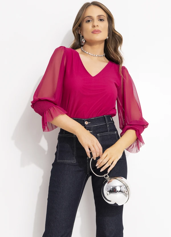 Quintess - Blusa de Tule Magenta com Manga Bufante e Decote V 5
