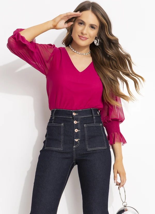 Quintess - Blusa de Tule Magenta com Manga Bufante e Decote V