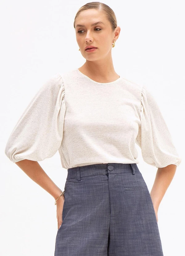 Principessa - Blusa Manga 7/8 em Malha com Linho Natural Yone