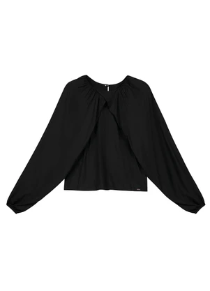 Marialícia - Blusa Manga Bufante com Transpasse Preto - MARIALÍCIA