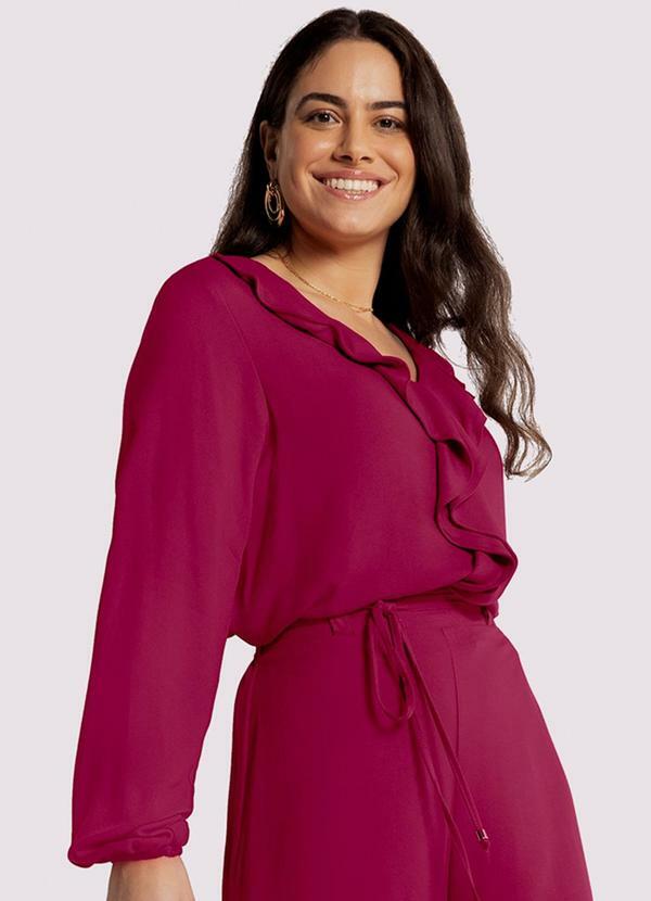 Lunender - Blusa Manga Bufante em Viscose com Babado Rosa