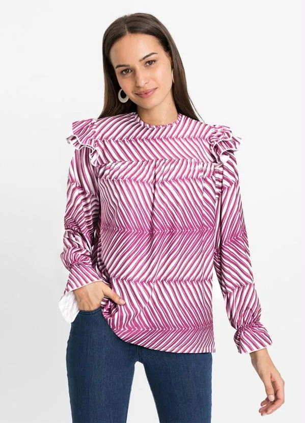 bonprix - Blusa Manga Bufante Listras Roxas