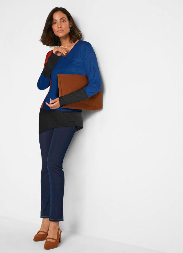 Outlet - Blusa Manga Longa Azul Marinho/Caramelo 4