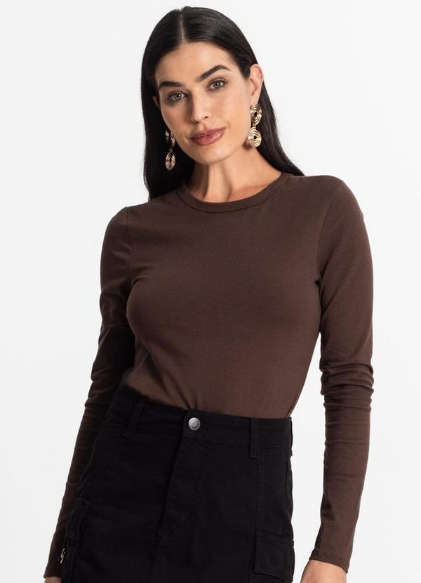 Select - Blusa Manga Longa Básica Marrom