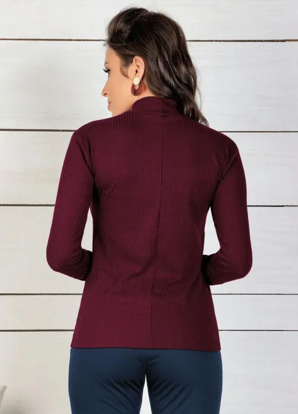 Moda Pop - Blusa Manga Longa Bordô com Botões Decorativos 2