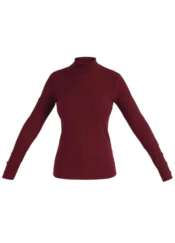 Moda Pop - Blusa Manga Longa Bordô com Botões Decorativos 6