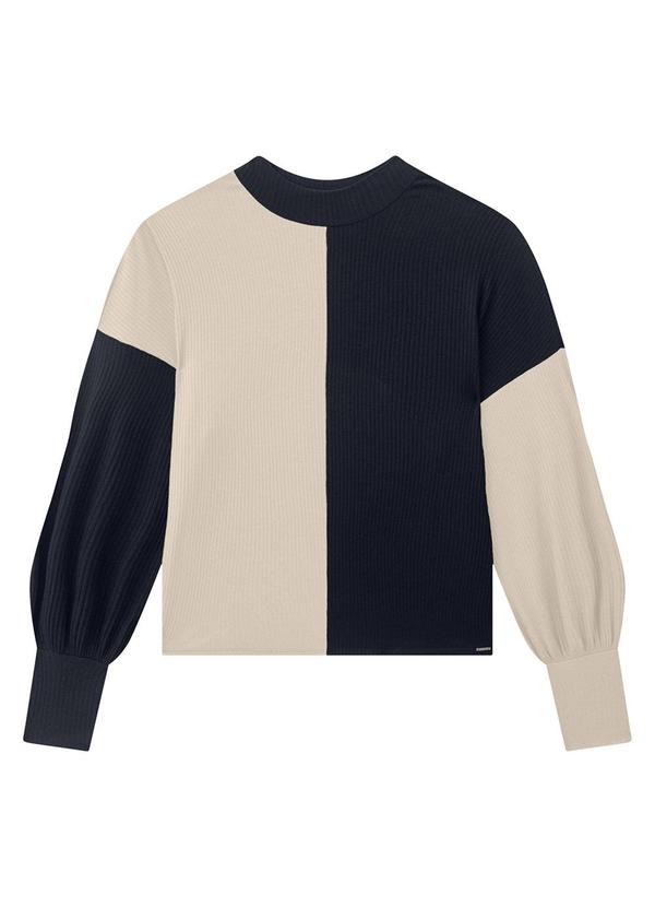 Lunender - Blusa Manga Longa Bufante Canelada Bicolor Azul