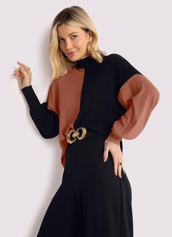 Lunender - Blusa Manga Longa Bufante Canelada Bicolor Preto