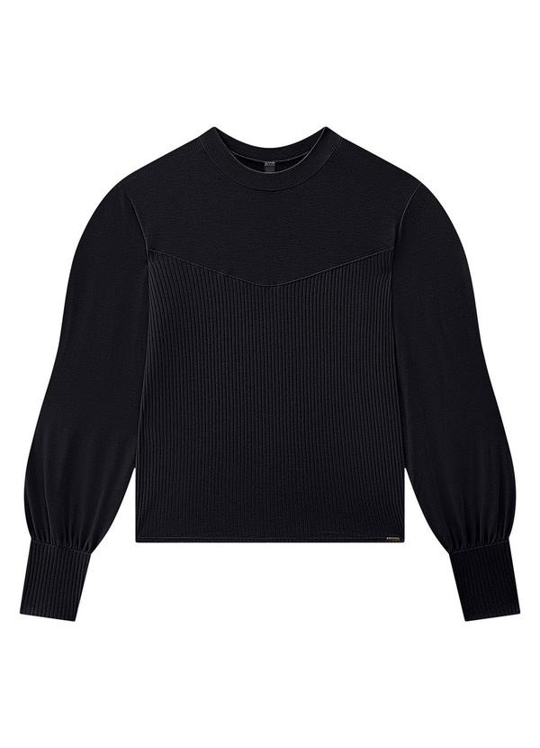 Lunender - Blusa Manga Longa Bufante com Recorte Canelado Preto