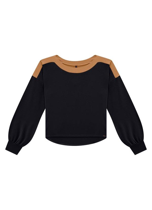 Lunender - Blusa Manga Longa Bufante com Recorte Canelado Preto