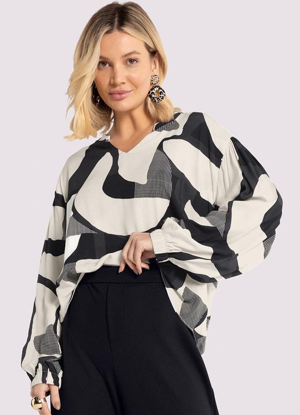 Lunender - Blusa Manga Longa Bufante em Viscose Estampada Preto