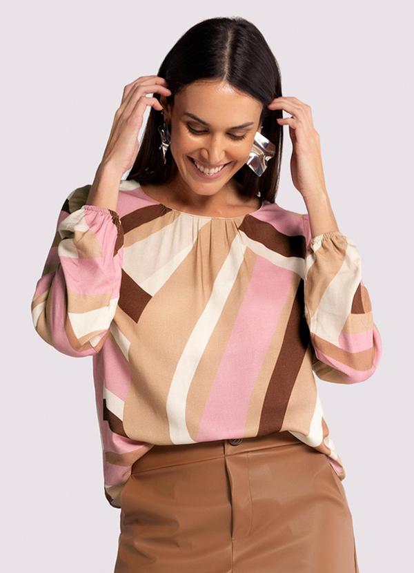 Lunender - Blusa Manga Longa Bufante em Viscose Estampada Rosa