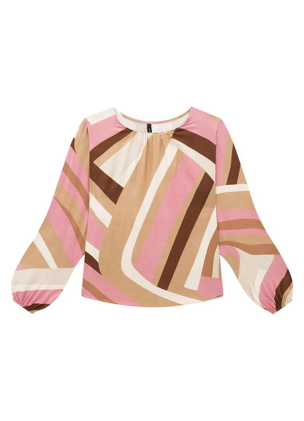 Lunender - Blusa Manga Longa Bufante em Viscose Estampada Rosa 5