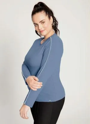 Lunender Mais Mulher - Blusa Manga Longa Canelada Azul - LUNENDER MAIS MULHER