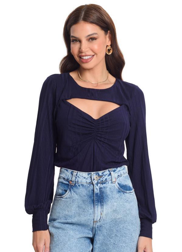 Rovitex - Blusa Manga Longa Canelada Azul