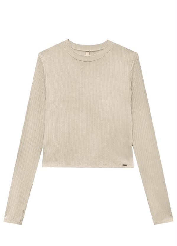Lunender - Blusa Manga Longa Canelada Básica com Gola Bege