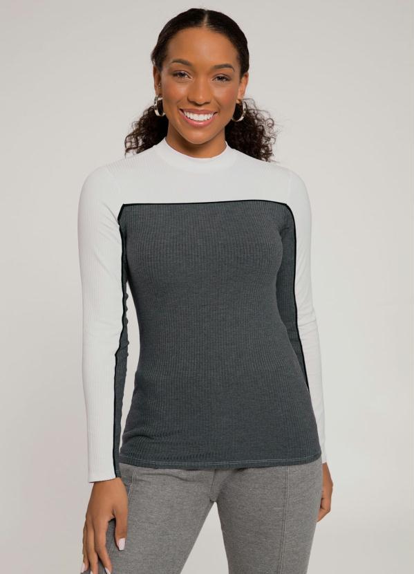 Lunender - Blusa Manga Longa Canelada Bicolor Branco