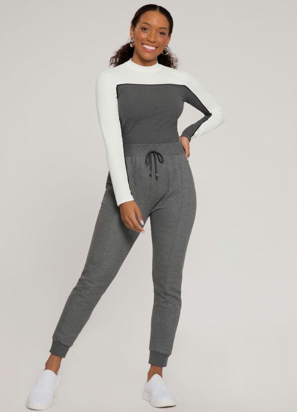 Lunender - Blusa Manga Longa Canelada Bicolor Branco 3