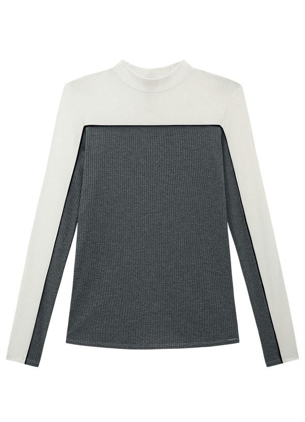 Lunender - Blusa Manga Longa Canelada Bicolor Branco 5