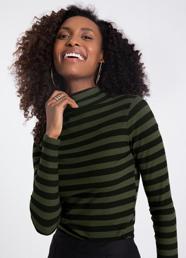 Lunender - Blusa Manga Longa Canelada com Gola Alta Verde