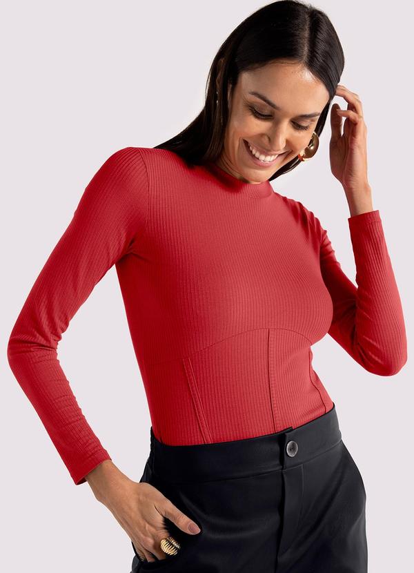 Lunender - Blusa Manga Longa Canelada com Recorte Corset Vermelho