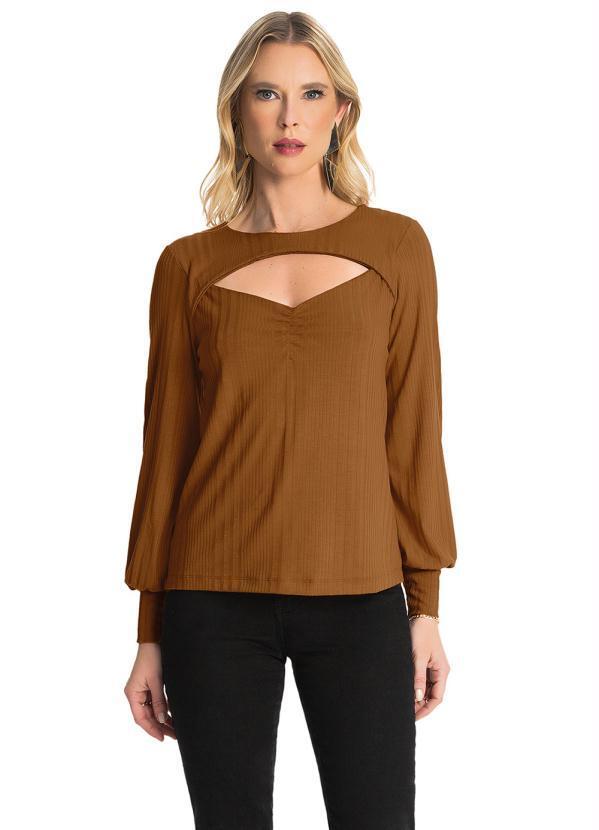 Rovitex - Blusa Manga Longa Canelada Marrom