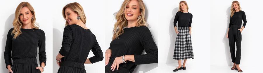 Blusa Manga Longa Canelada Texturizada com Decote Redondo Blusa Manga Longa Canelada Texturizada com Decote Redondo